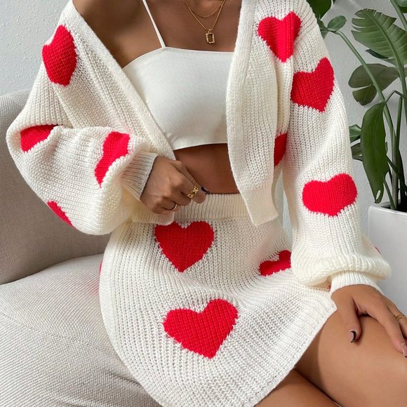 . Sweaters - White Casual Womens Heart Pattern Drop Shoulder Duster Cardigan & Knit Skirt